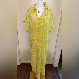Sigrid Olsen  Green and Peach Leaf-Print Maxi linen blend maxi Dress